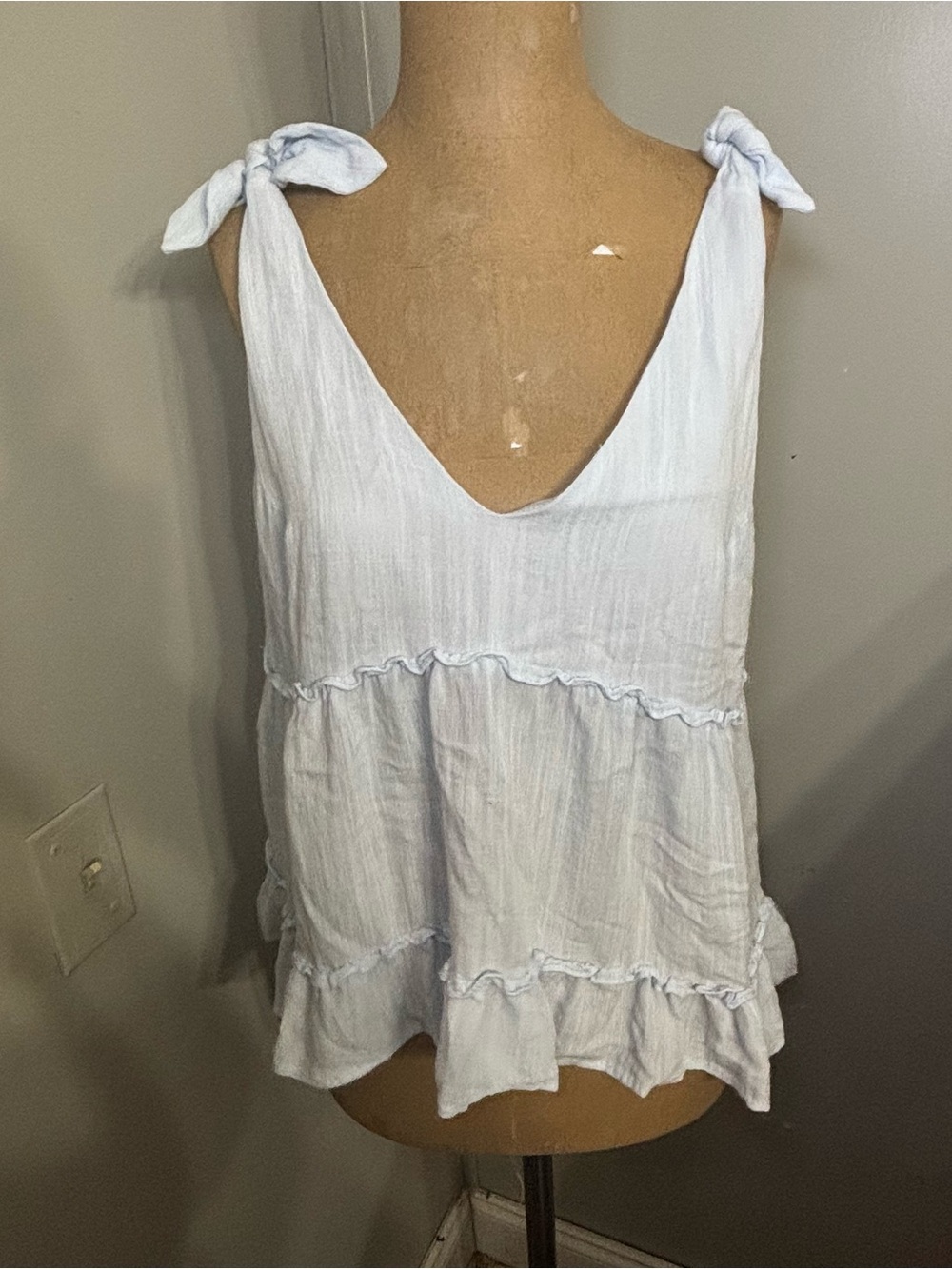 entro Light Blue Tie-Shoulder Tiered Ruffle Tank